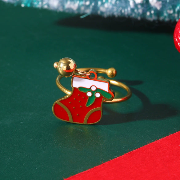 Women's Stainless Steel Open Ring With Electroplated Snowman Elk And Christmas Tree Holiday Motifs