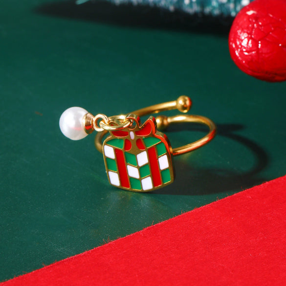 Women's Stainless Steel Open Ring With Electroplated Snowman Elk And Christmas Tree Holiday Motifs