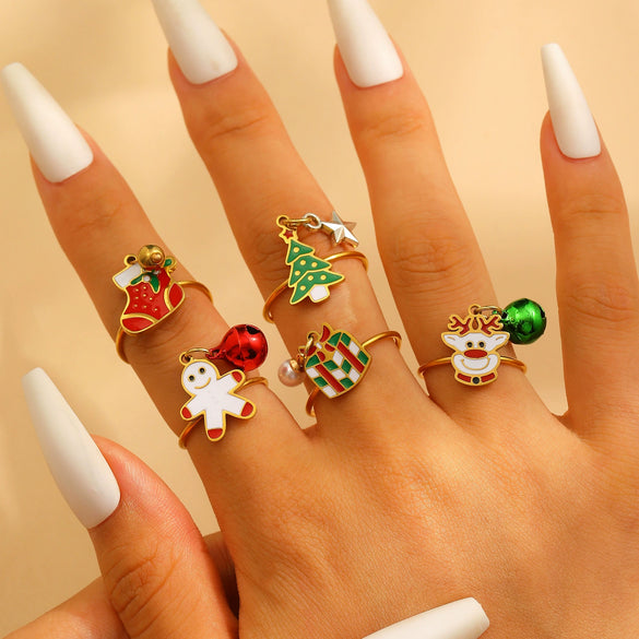 Women's Stainless Steel Open Ring With Electroplated Snowman Elk And Christmas Tree Holiday Motifs
