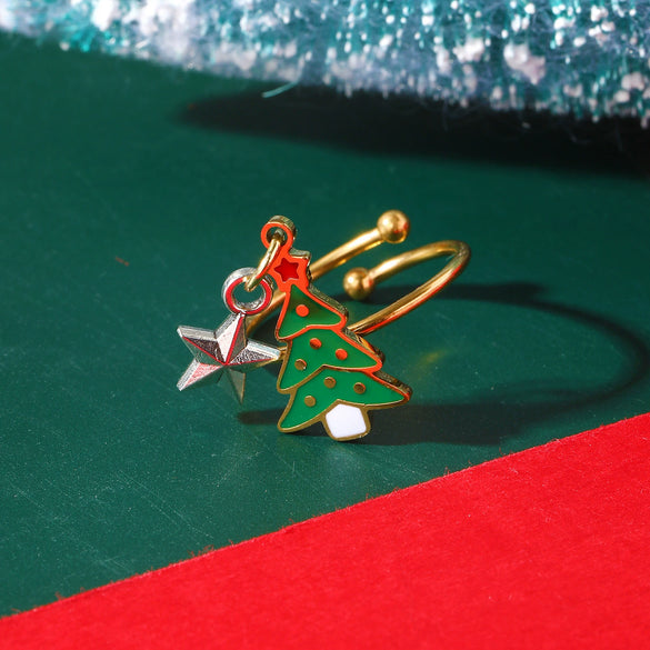 Women's Stainless Steel Open Ring With Electroplated Snowman Elk And Christmas Tree Holiday Motifs