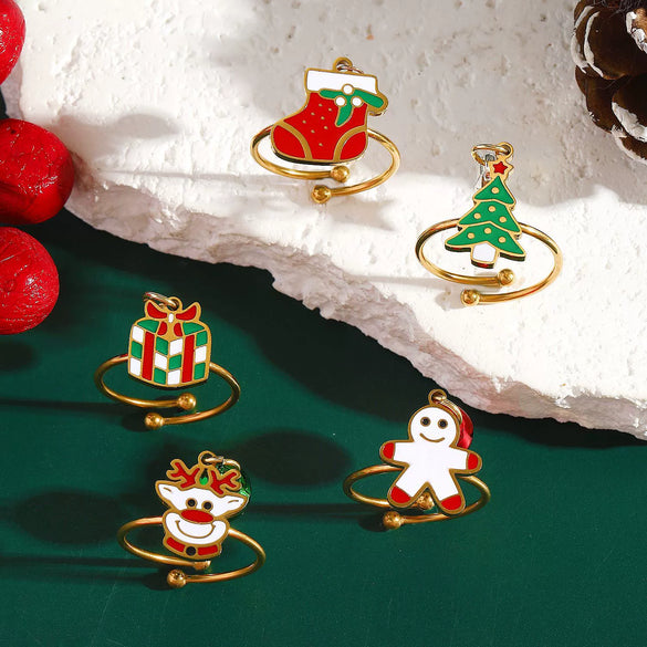 Women's Stainless Steel Open Ring With Electroplated Snowman Elk And Christmas Tree Holiday Motifs