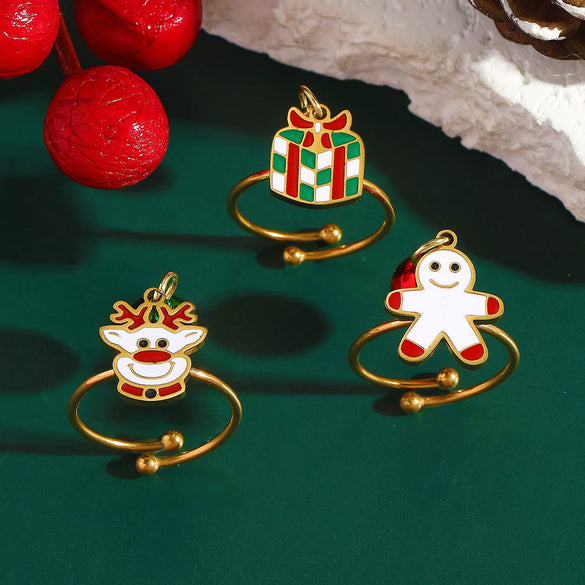Women's Stainless Steel Open Ring With Electroplated Snowman Elk And Christmas Tree Holiday Motifs