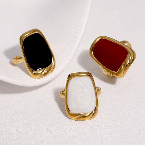 Women's Stainless Steel Open Ring With Geometric Retro Design Oil Drip Gold Electroplated Finish And Fade Resistant High End Style