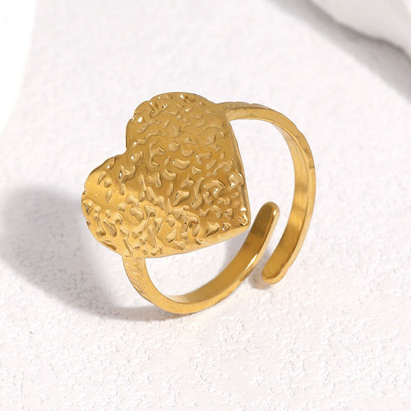 Women's Stainless Steel Open Ring With Hammered Heart Shape Electroplated Sweet And Cool Minimalist Style