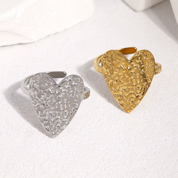 Women's Stainless Steel Open Ring With Hammered Heart Shape Electroplated Sweet And Cool Minimalist Style