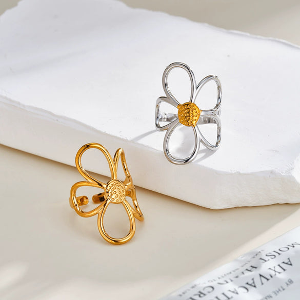 Women's Stainless Steel Open Ring With Hollow Floral Geometric Design 18K Gold Plated Electroplated Minimalist Fashion Jewelry