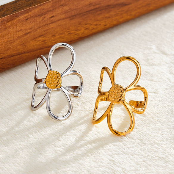 Women's Stainless Steel Open Ring With Hollow Floral Geometric Design 18K Gold Plated Electroplated Minimalist Fashion Jewelry