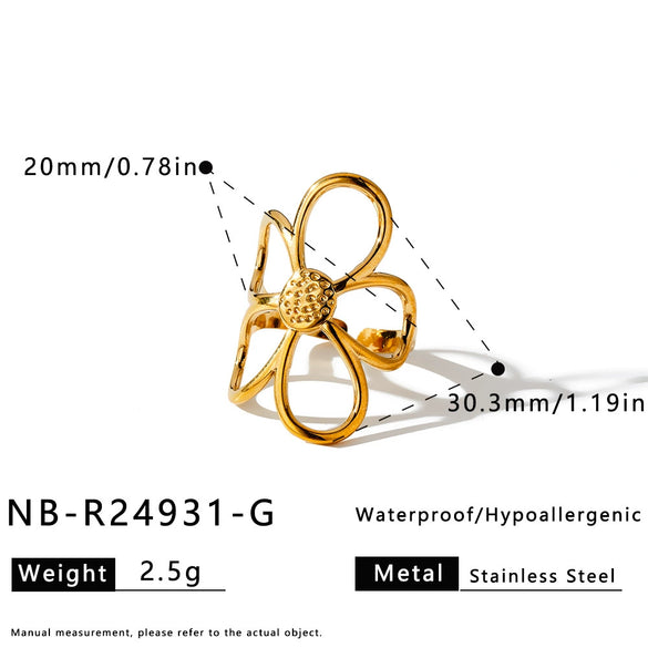 Women's Stainless Steel Open Ring With Hollow Floral Geometric Design 18K Gold Plated Electroplated Minimalist Fashion Jewelry