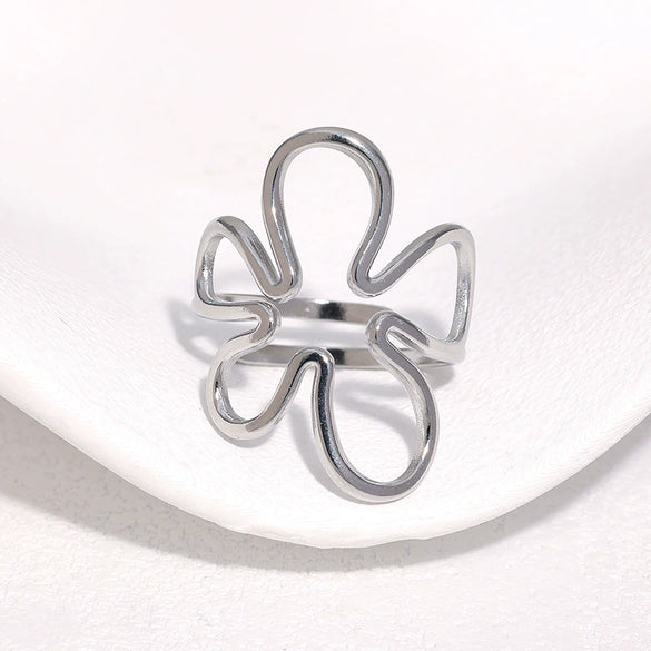 Women's Stainless Steel Open Ring With Hollow Flower Design Sweet Minimalist Style Electroplated Non Fading Accessory