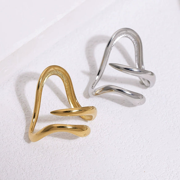 Women's Stainless Steel Open Ring With Irregular Line Design Simple Electroplated Gold Tone Fashion Jewelry