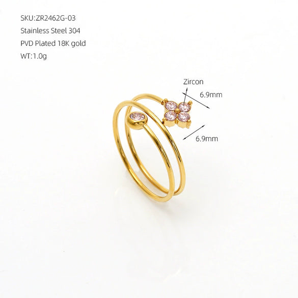 Women's Stainless Steel Open Ring With Layered Line Design Colorful Zircon And Four Leaf Clover Detail Modern Minimalist Jewelry