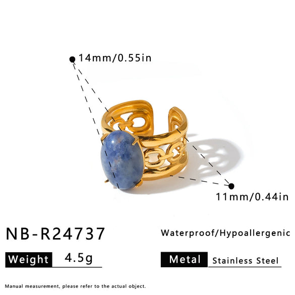 Women's Stainless Steel Open Ring With Natural Stone Geometric Minimalist Design And 18K Vacuum Plated Non Fading Finish