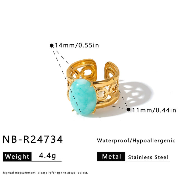 Women's Stainless Steel Open Ring With Natural Stone Geometric Minimalist Design And 18K Vacuum Plated Non Fading Finish
