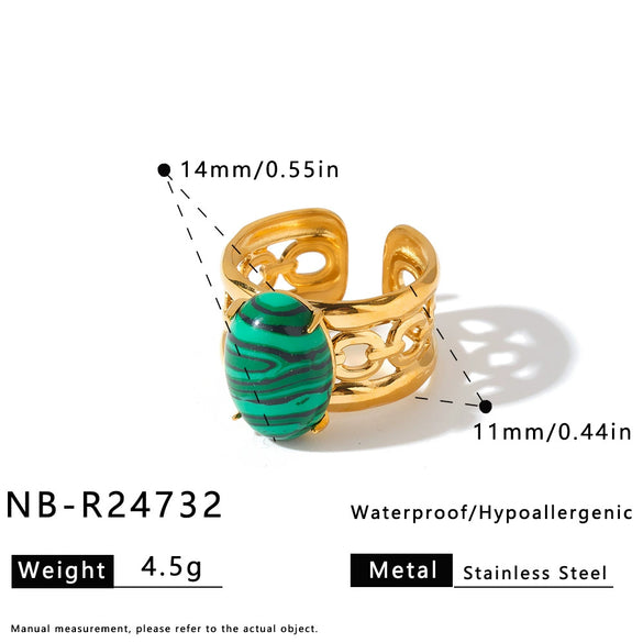 Women's Stainless Steel Open Ring With Natural Stone Geometric Minimalist Design And 18K Vacuum Plated Non Fading Finish