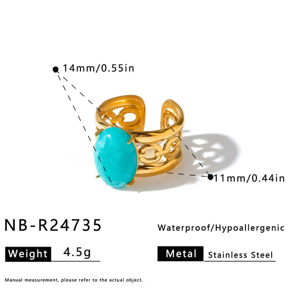 Women's Stainless Steel Open Ring With Natural Stone Geometric Minimalist Design And 18K Vacuum Plated Non Fading Finish