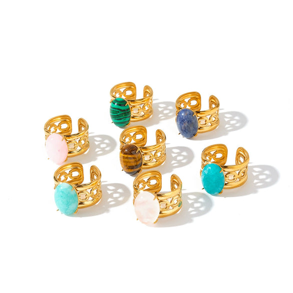 Women's Stainless Steel Open Ring With Natural Stone Geometric Minimalist Design And 18K Vacuum Plated Non Fading Finish