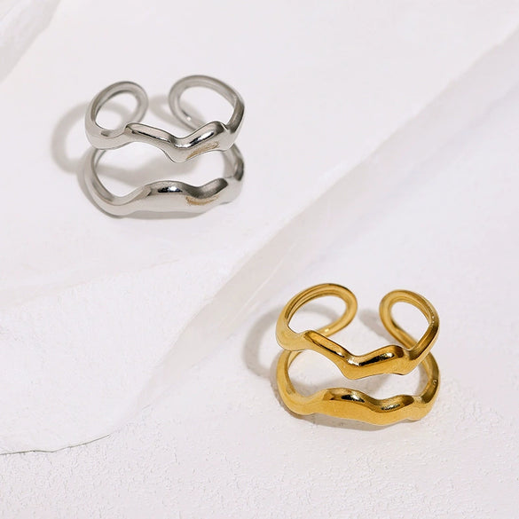 Women's Stainless Steel Open Ring With Simple Geometric Double Layer Irregular Design And Electroplated Finish