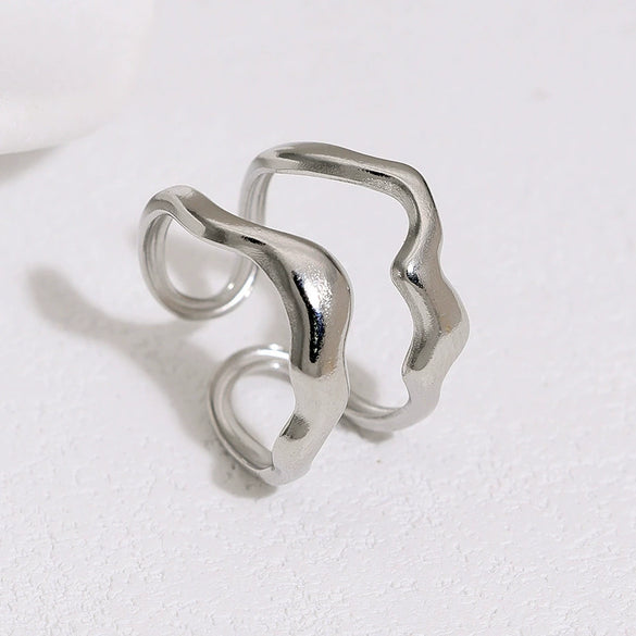 Women's Stainless Steel Open Ring With Simple Geometric Double Layer Irregular Design And Electroplated Finish