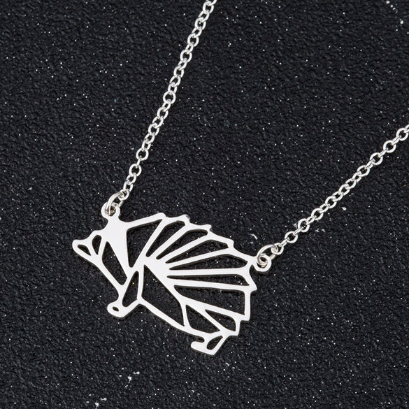 Women's Stainless Steel Origami Hedgehog Necklace With Geometric Openwork Pendant And Electroplated Ochain