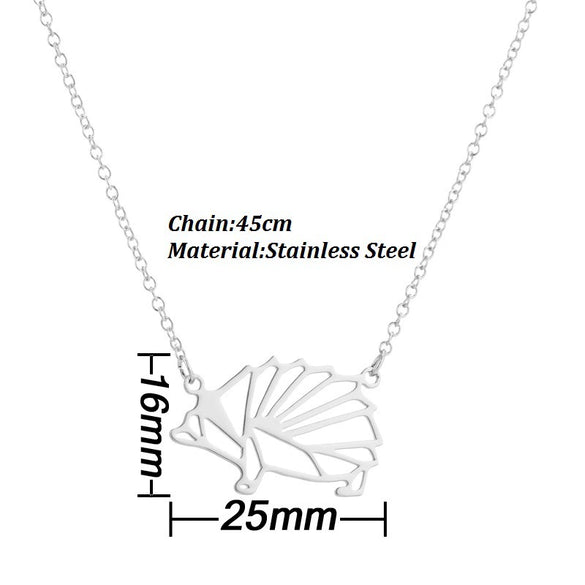 Women's Stainless Steel Origami Hedgehog Necklace With Geometric Openwork Pendant And Electroplated Ochain