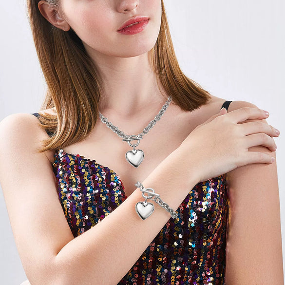 Women's Stainless Steel Oshaped Chain Heartshaped Accessories Necklace Bracelet Set With Polishing