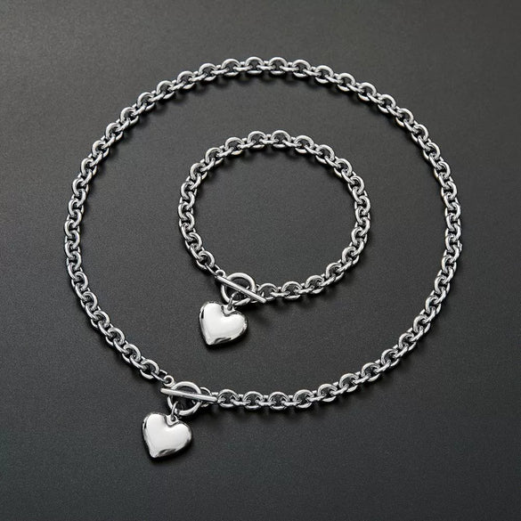 Women's Stainless Steel Oshaped Chain Heartshaped Accessories Necklace Bracelet Set With Polishing