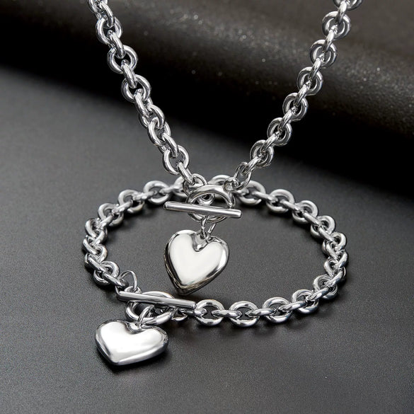 Women's Stainless Steel Oshaped Chain Heartshaped Accessories Necklace Bracelet Set With Polishing