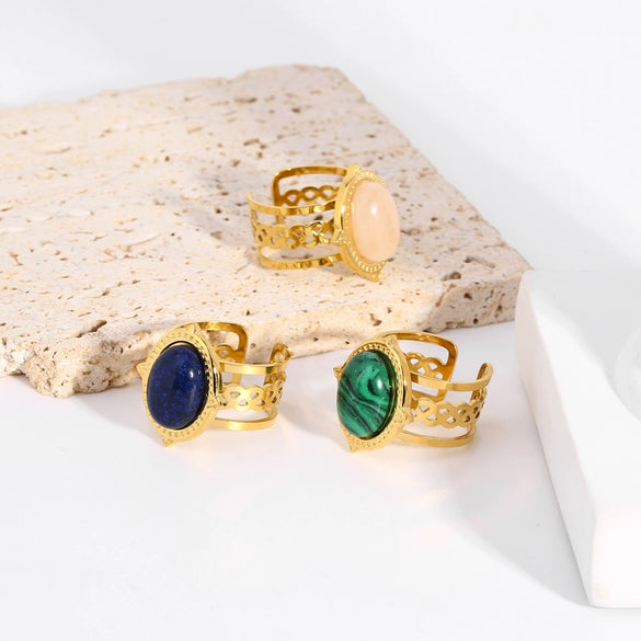 Women's Stainless Steel Oval Open Ring With Turquoise Natural Stone Geometric Pattern Pvdp Furnace Real Gold Process