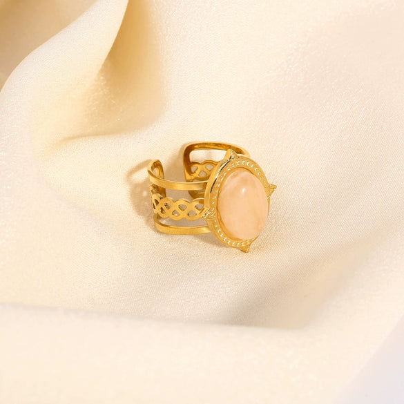 Women's Stainless Steel Oval Open Ring With Turquoise Natural Stone Geometric Pattern Pvdp Furnace Real Gold Process