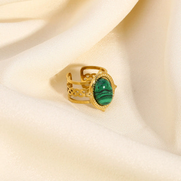Women's Stainless Steel Oval Open Ring With Turquoise Natural Stone Geometric Pattern Pvdp Furnace Real Gold Process