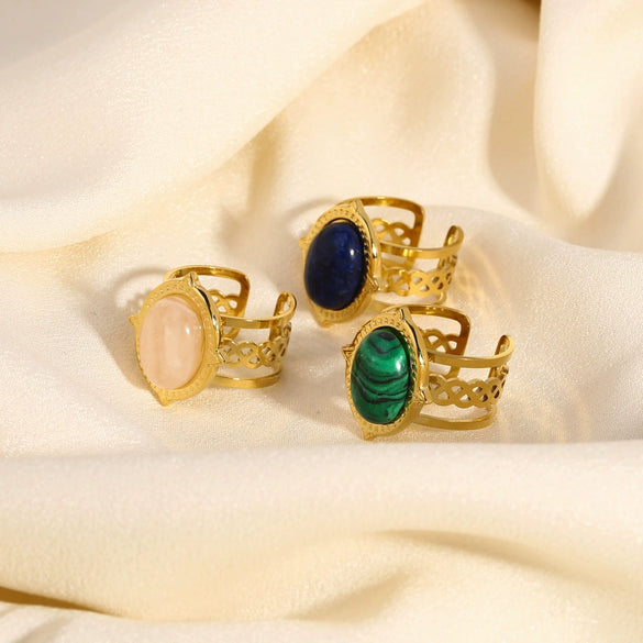 Women's Stainless Steel Oval Open Ring With Turquoise Natural Stone Geometric Pattern Pvdp Furnace Real Gold Process