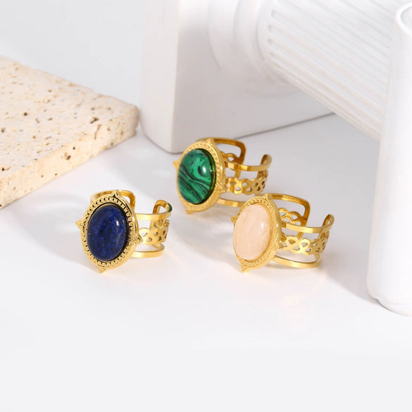 Women's Stainless Steel Oval Open Ring With Turquoise Natural Stone Geometric Pattern Pvdp Furnace Real Gold Process