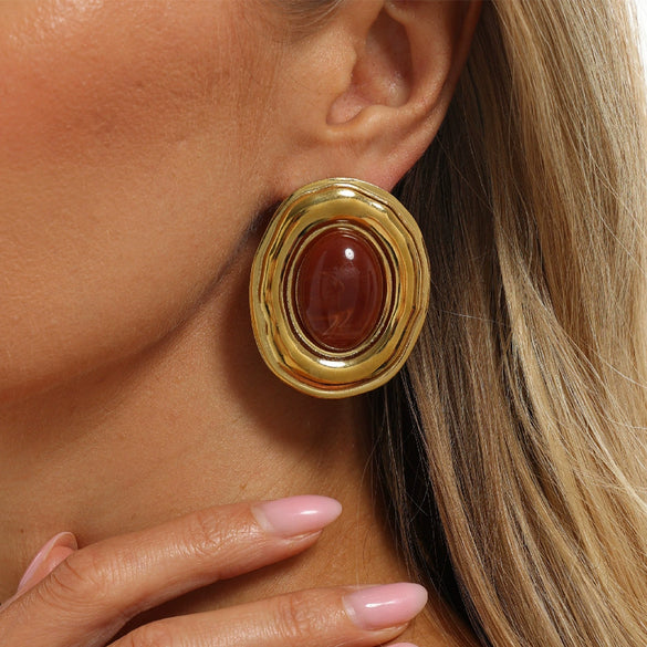 Women’s Stainless Steel Oval Stud Earrings With Geometric Ombre Resin Gemstones And Electroplated Finish Retro Statement Jewelry