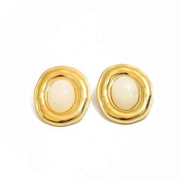 Women’s Stainless Steel Oval Stud Earrings With Geometric Ombre Resin Gemstones And Electroplated Finish Retro Statement Jewelry