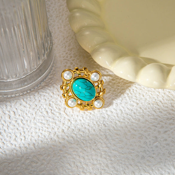 Women's Stainless Steel Pearl Blue Turquoise Open Ring Jewelry With Personality Style And Electroplating Process