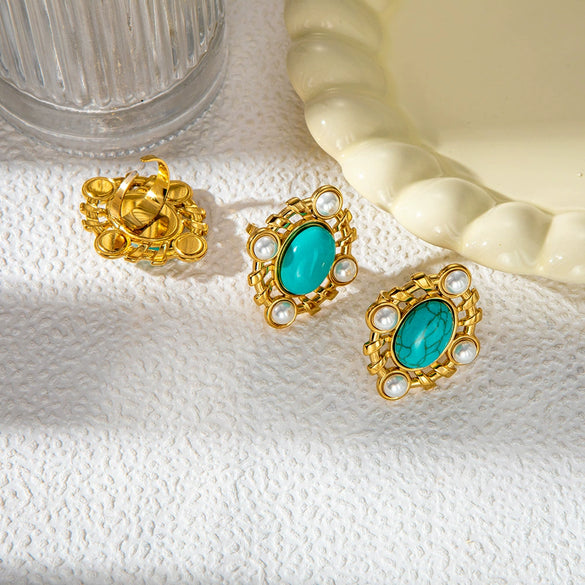 Women's Stainless Steel Pearl Blue Turquoise Open Ring Jewelry With Personality Style And Electroplating Process