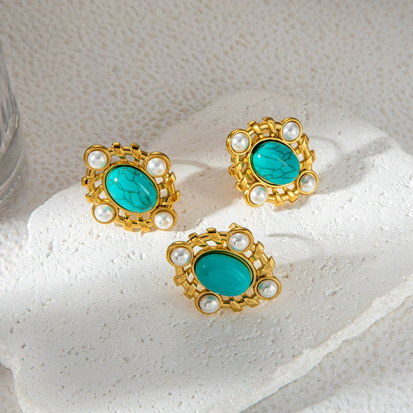 Women's Stainless Steel Pearl Blue Turquoise Open Ring Jewelry With Personality Style And Electroplating Process