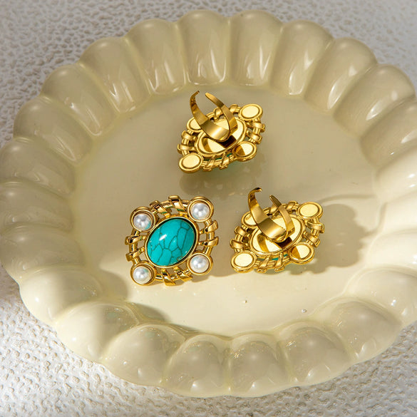 Women's Stainless Steel Pearl Blue Turquoise Open Ring Jewelry With Personality Style And Electroplating Process
