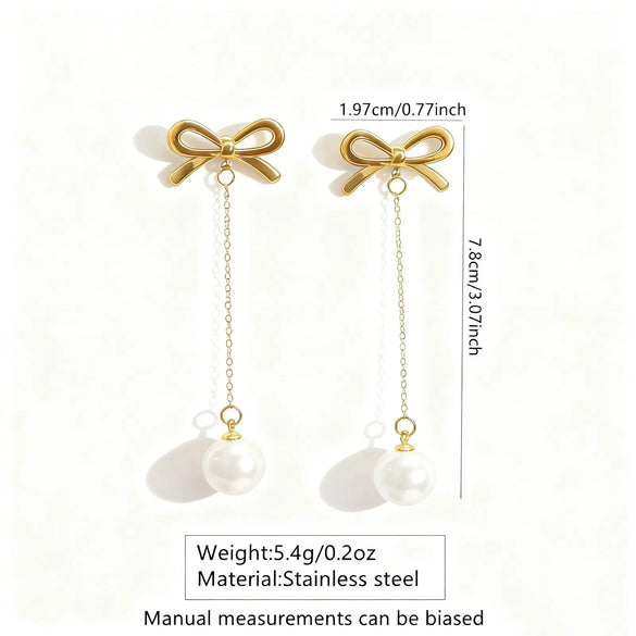 Women's Stainless Steel Pearl Bow Drop Earrings With Geometric Flower Tassel Design Electroplated Delicate Pendant Earrings