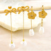 Women's Stainless Steel Pearl Bow Drop Earrings With Geometric Flower Tassel Design Electroplated Delicate Pendant Earrings
