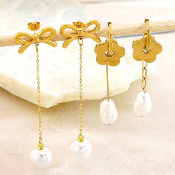 Women's Stainless Steel Pearl Bow Drop Earrings With Geometric Flower Tassel Design Electroplated Delicate Pendant Earrings