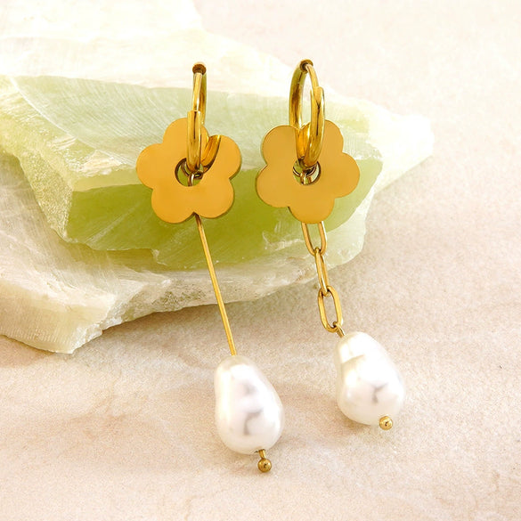 Women's Stainless Steel Pearl Bow Drop Earrings With Geometric Flower Tassel Design Electroplated Delicate Pendant Earrings