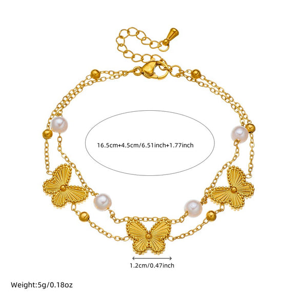 Women's Stainless Steel Pearl Bow Goldplated Butterfly Jewelry Bracelet