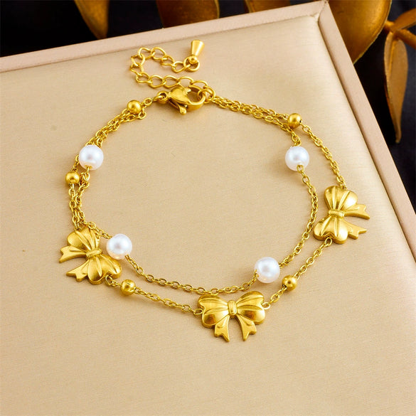 Women's Stainless Steel Pearl Bow Goldplated Butterfly Jewelry Bracelet