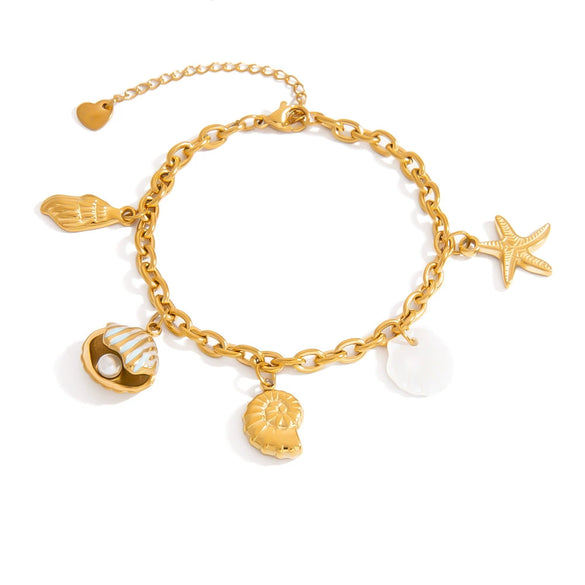 Women's Stainless Steel Pearl Bracelet With Conch Shell Pendant Plated With Gold Fashion Minimalist Jewelry