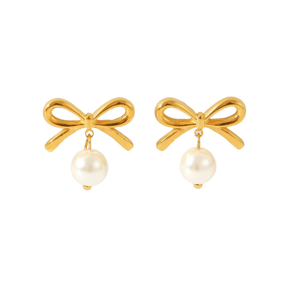 Women's Stainless Steel Pearl Earrings Pendant With Bow And Geometric Pattern Electroplated