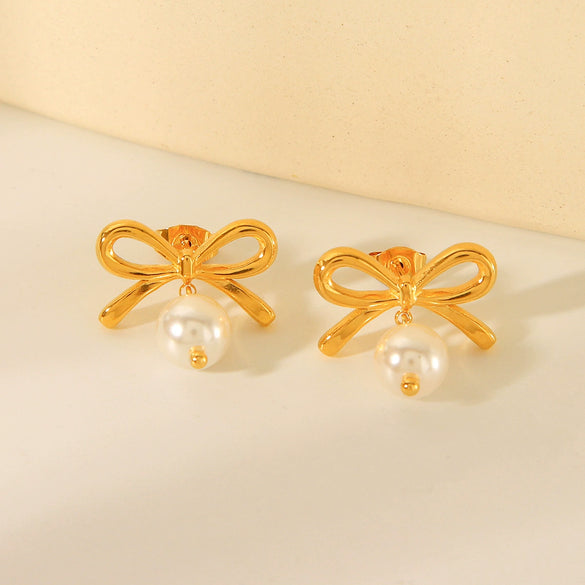 Women's Stainless Steel Pearl Earrings Pendant With Bow And Geometric Pattern Electroplated