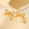 Women's Stainless Steel Pearl Earrings Pendant With Bow And Geometric Pattern Electroplated