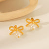 Women's Stainless Steel Pearl Earrings Pendant With Bow And Geometric Pattern Electroplated