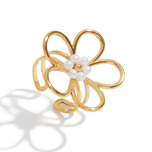 Women's Stainless Steel Pearl Geometric Ring Jewelry With Electroplating And Minimalist Design